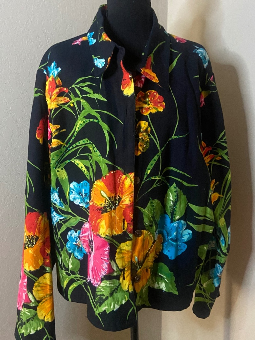 Take Two Clothing Co Tropical Floral Button Front Jacket Black Multi 1X